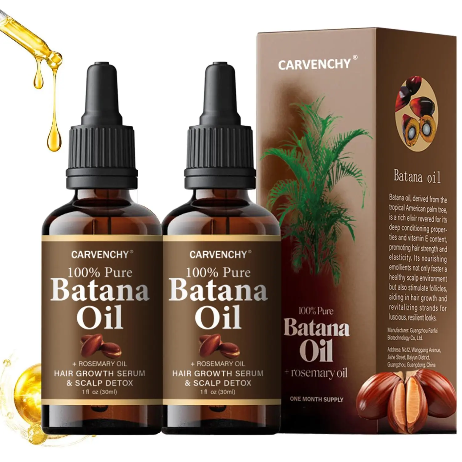CARVENCHY Organic Batana & Rosemary Hair Oil (30mL) - Nourishing Hair Loss Treatment for All Types, Repairs Frizz, Strengthens, Revitalizes, Nourishes Scalp