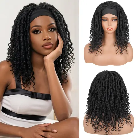 Ourwigs Women's Glueless Pre Styled Short Headband Synthetic Full Machine Braided Dreadlock Wig - Curly Twist Crochet Braids, Decorative Loc Crown, for Travel, Synthetic Braided Wig