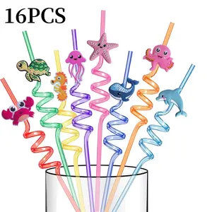16PCS Reusable Sea Animal Straws - Plastic Ocean Creature Drinking Straws for Party Decorations - Beach Ocean Themed Party Supplies with 2 Clean Brushes