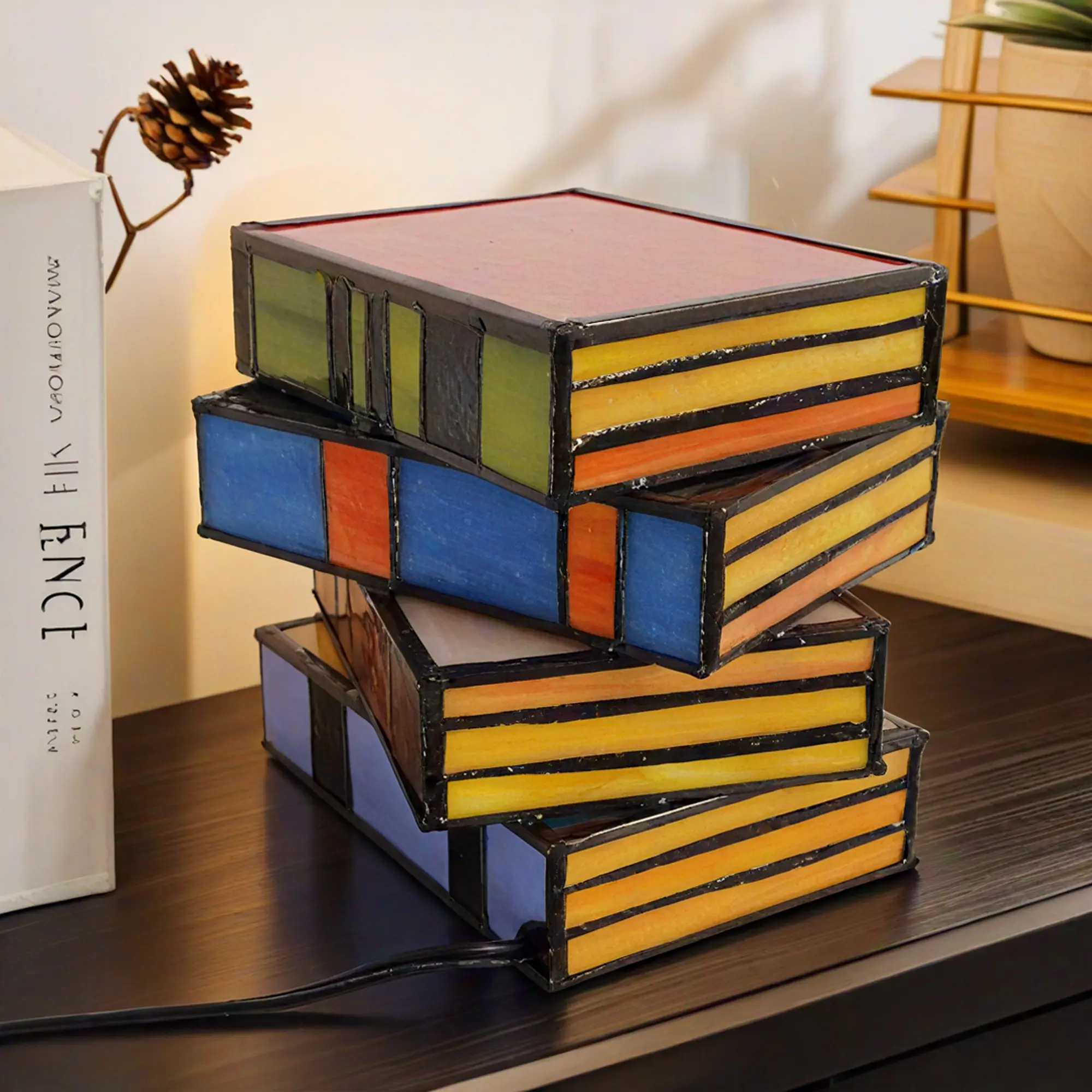 Tiffany-Style Stained Glass Book Table Lamp, Colorful Decorative Desk Lamp for Bedroom, Living Room