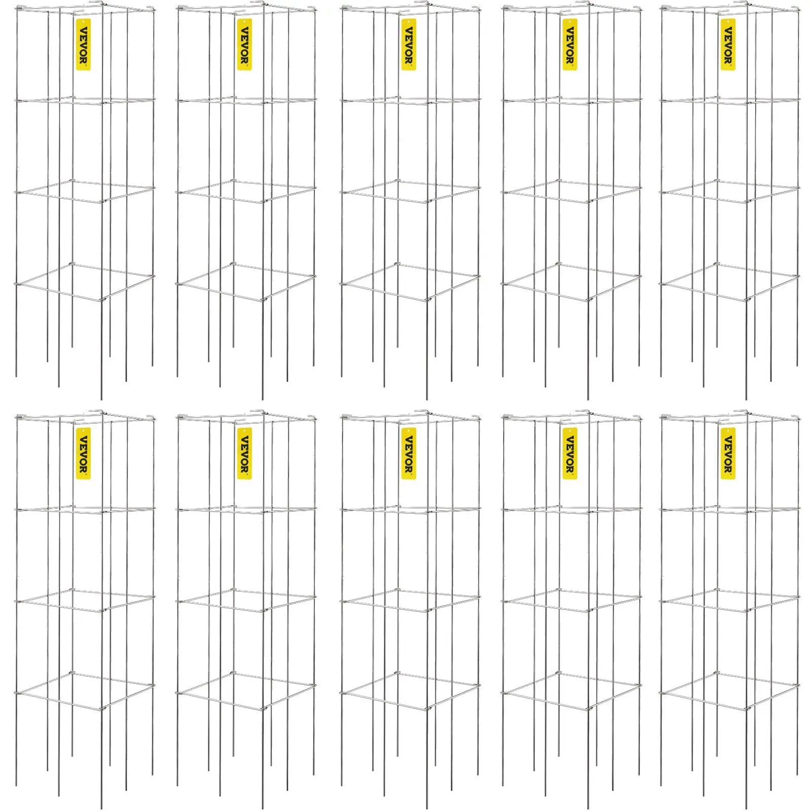 VEVOR 10 Packs Square Tomato Cages, 11.8"x11.8"x46.1" PVC-Coated Steel Folding 3-Tier Trellis Towers for Climbing Plants, Vegetables, Flowers