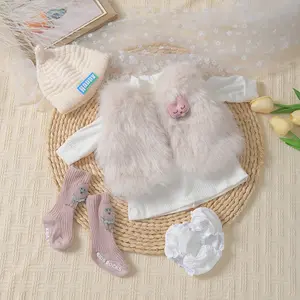 1 Set 55cm Doll Clothes DIY Accessories, 6pcs Winter with Faux Fur Vest, Knit Hat Socks for 20-22 Inch Dolls, Cute Teddy Bear Decor
