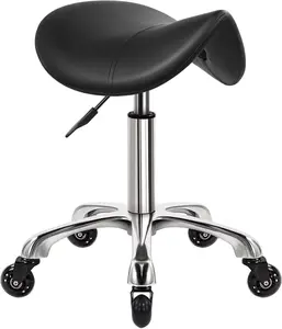 Heavy Duty Saddle Rolling Stool with Wheels Hydraulic Swivel Adjustable Rolling Stool Ergonomic Thick Leather Seat Chair for Kitchen Drafting Lab Office Salon Massage – Black