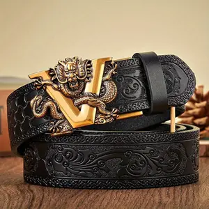 3.5CM V Buckle Cowskin Genuine Leather Belt Quality Alloy Automatic Buckle Print Wasitbad Strap Gift Bussiness Male Belt Men Cowhide