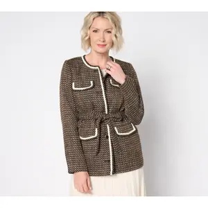 Isaac Mizrahi Live! Petite Woven Tweed Jacket with Self Tie Belt