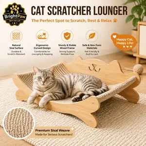 BrightPaw Wooden Cat Scratcher Bed, Ergonomic Sisal Cat Scratching Lounge, 2-in-1 Cat Scratcher and Rest Bed, Durable Cat Scratch Pad for Indoor Cats
