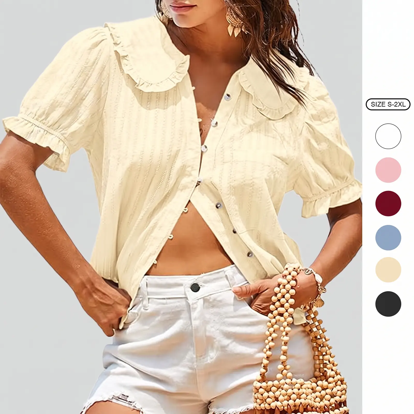 Imily Bela Womens Puff Sleeve Shirts Peter Pan Collar Button Down Cotton Blouse Casual Summer Textured Tops