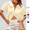 Imily Bela Womens Puff Sleeve Shirts Peter Pan Collar Button Down Cotton Blouse Casual Summer Textured Tops