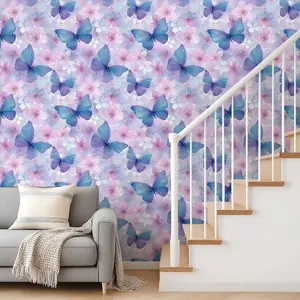 1 Roll Dreamy Watercolor Butterfly Wallpaper, Blue Floral, Peel and Stick, Removable, Aesthetic Wall Decor for Bedroom & Living Room
