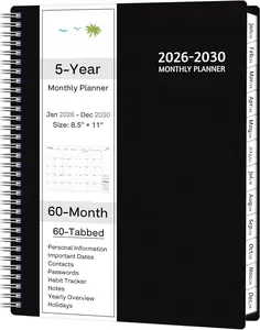 Monthly Planner 2026-2030, 5-Year Calendar Planner 2026-2030, Jan 2026  Dec 2030, 8.5 x 11 In, Ruled Spread, Flexible Cover, Spiral Wirebound, Pocket, 60 Coated Monthly Tabs, Notes  Habit , A4 Planner, Black