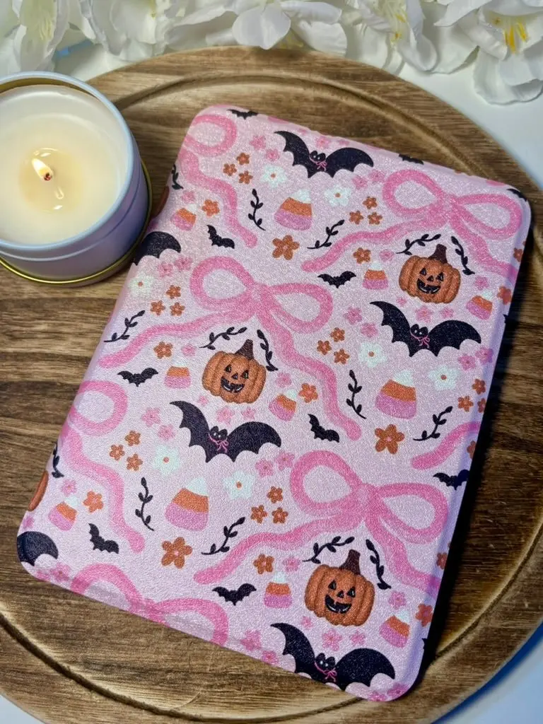 Pink Girlie Pumpkin, Bats, and Bows Inspired Slim & Smart Kindle Case – Clear Back with Auto Sleep/Wake Computer Cover Protection Tablet