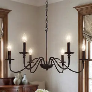 Rustic Vintage Farmhouse Black Chandelier, 6-Light Candle Style Pendant Light, Adjustable Height Fixture for Kitchen Island Dining Room Bedroom Hallway Foyer Living Room, E14 Base, Sloped Ceiling Compatible, Bulbs Not Included