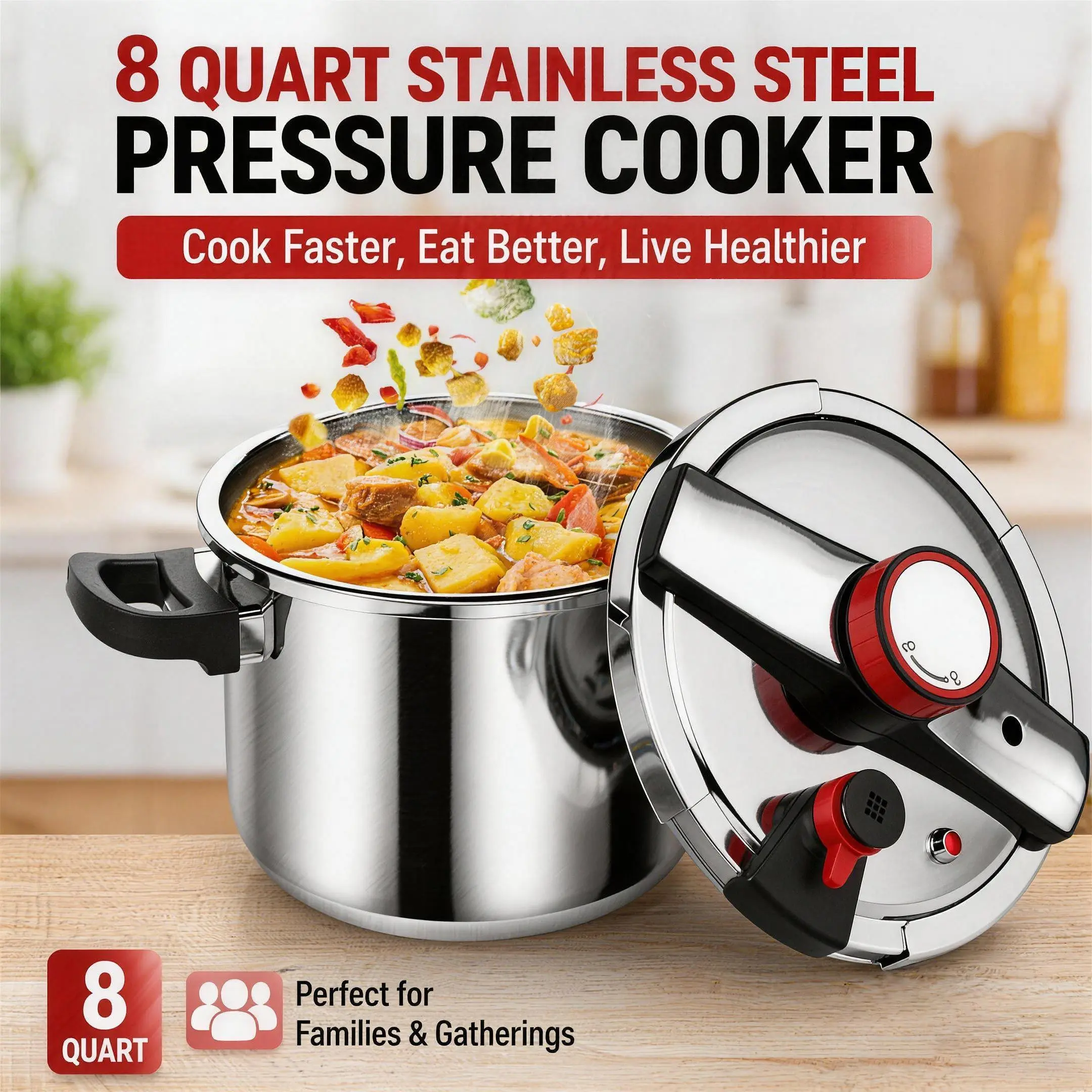 8 Qt Stainless Steel Stovetop Pressure Cooker - Extra Large Capacity, Induction Compatible, Thick Solid Construction, Secure Pressure Venting, BPA-Free, Thermal, Dishwasher Available, Efficient Cooking for Family Meals & Party Gatherings