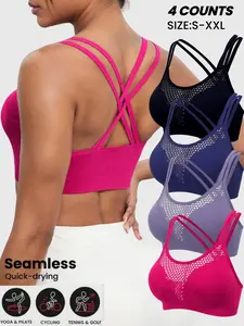 Women's Solid Criss Cross Backless Padded Stretch Sports Bra, Strappy Workout Bra, Pickleball & Tennis Clothes, Comfor Breathable Sports Bra, Ladies Sportswear for Indoor Outdoor Wear,Gift for Holiday, Seamless Sports Bras