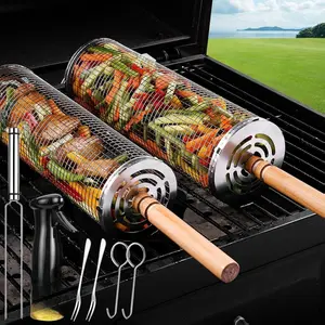 Rolling Grilling Baskets for Outdoor - Grill Grate Charcoal Round BBQ Stainless Steel Basket Campfire Grid Camping Picnic Cookware