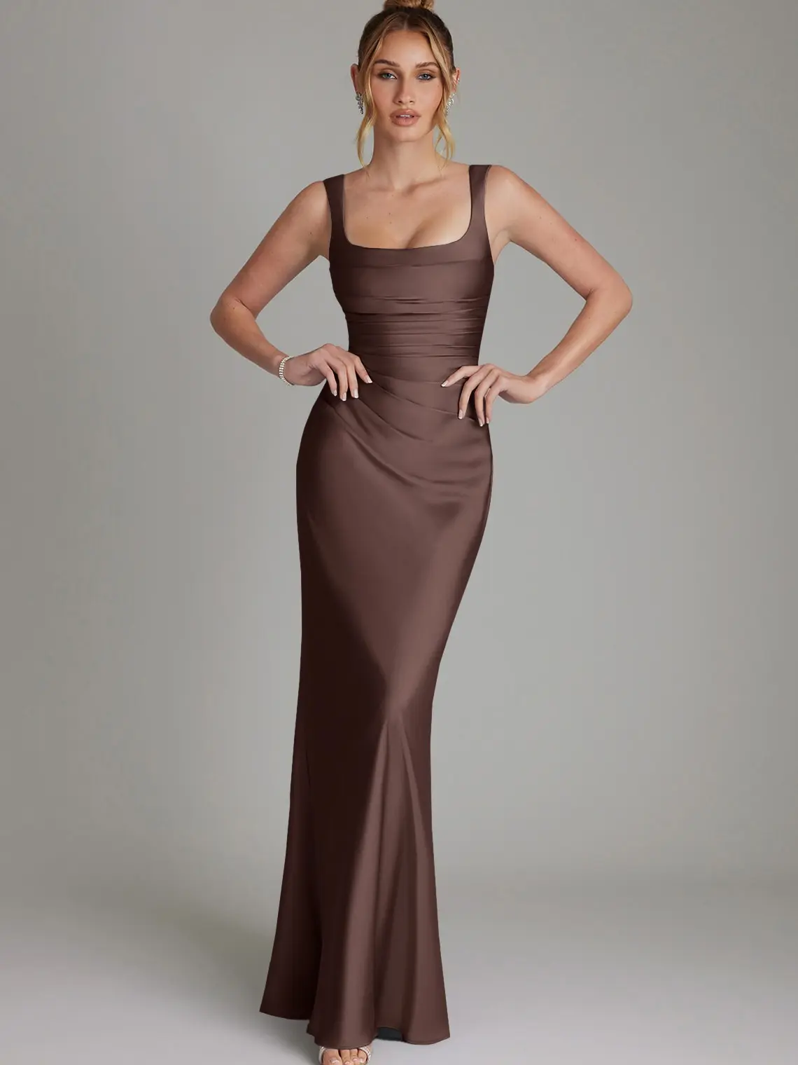 Azazie Agustina Square Neck Pleated Lace-Up Corset Mermaid Bridesmaid Wedding Formal Evening Stretch Satin Dress