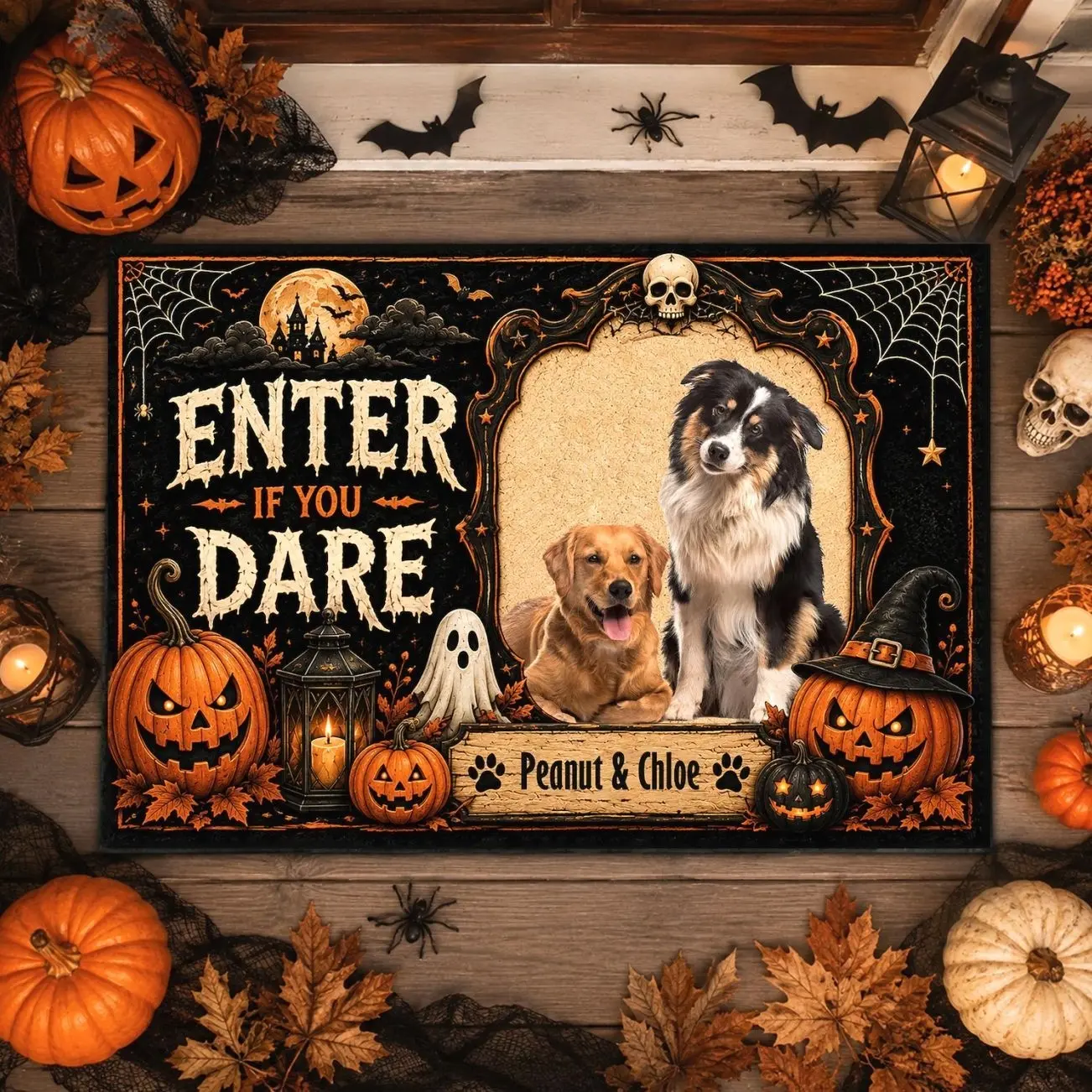 Personalized Halloween Dog Doormat, Custom Pet Welcome Mat, Enter If You Dare Fall Door Mat, Black Cat Pumpkin Porch Decor Gift