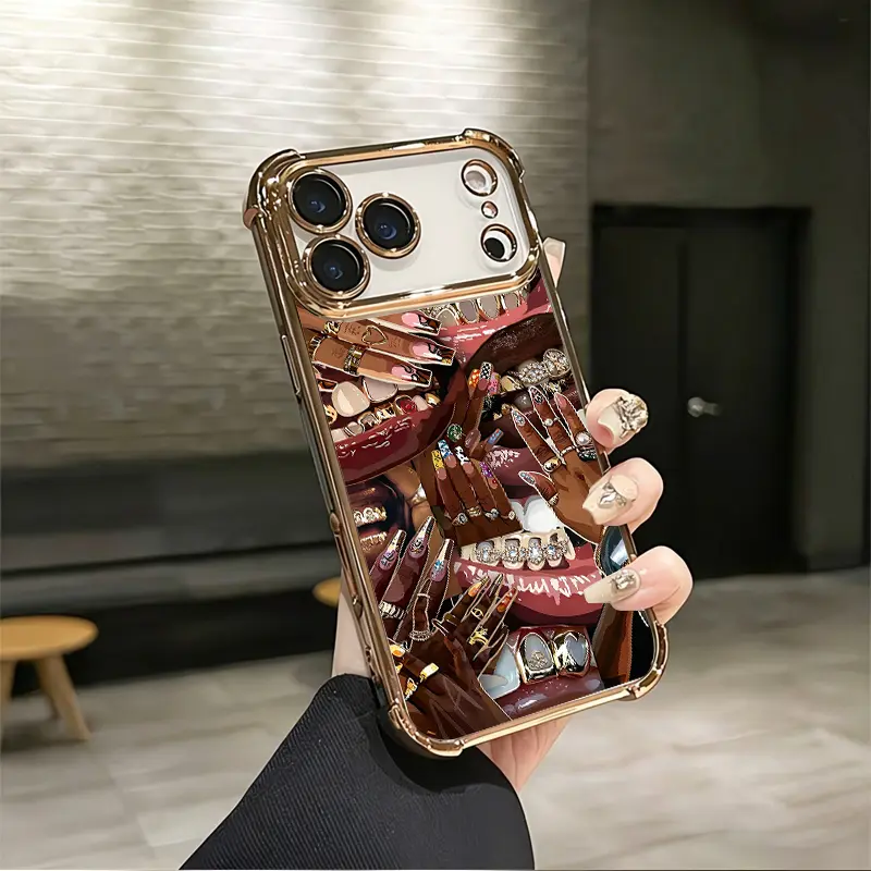 Hip Hop Grills Diamond Teeth Bling Nail Art Black Culture Aesthetic Design Pattern Casing For iPhone 17 16 15 14 13 12 Samsung 22 23 24 25 Plus Pro Max Ultra Soft Silicon TPU Shockproof Protector Vintage Unique Fashion Mobile Phone Case