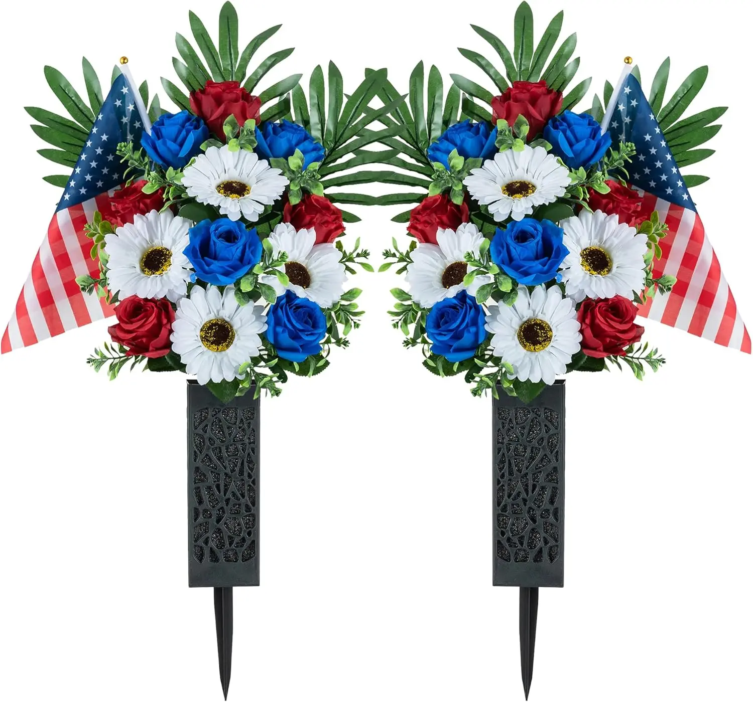 Memorial Day Flowers for Cemetery: 2 Pcs Outdoor Grave 250th Anniversary USA Decorations - Artificial Patriotic Cemetery Flowers for Grave - Red White Blue Roses with American Flags Vase