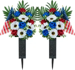 Memorial Day Flowers for Cemetery: 2 Pcs Outdoor Grave 250th Anniversary USA Decorations - Artificial Patriotic Cemetery Flowers for Grave - Red White Blue Roses with American Flags Vase