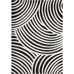 Nomad Geometric Black Rug, Power-Loomed Mid-Century Carpet with Curved Lines, Contemporary Home Decor for Indoor Use