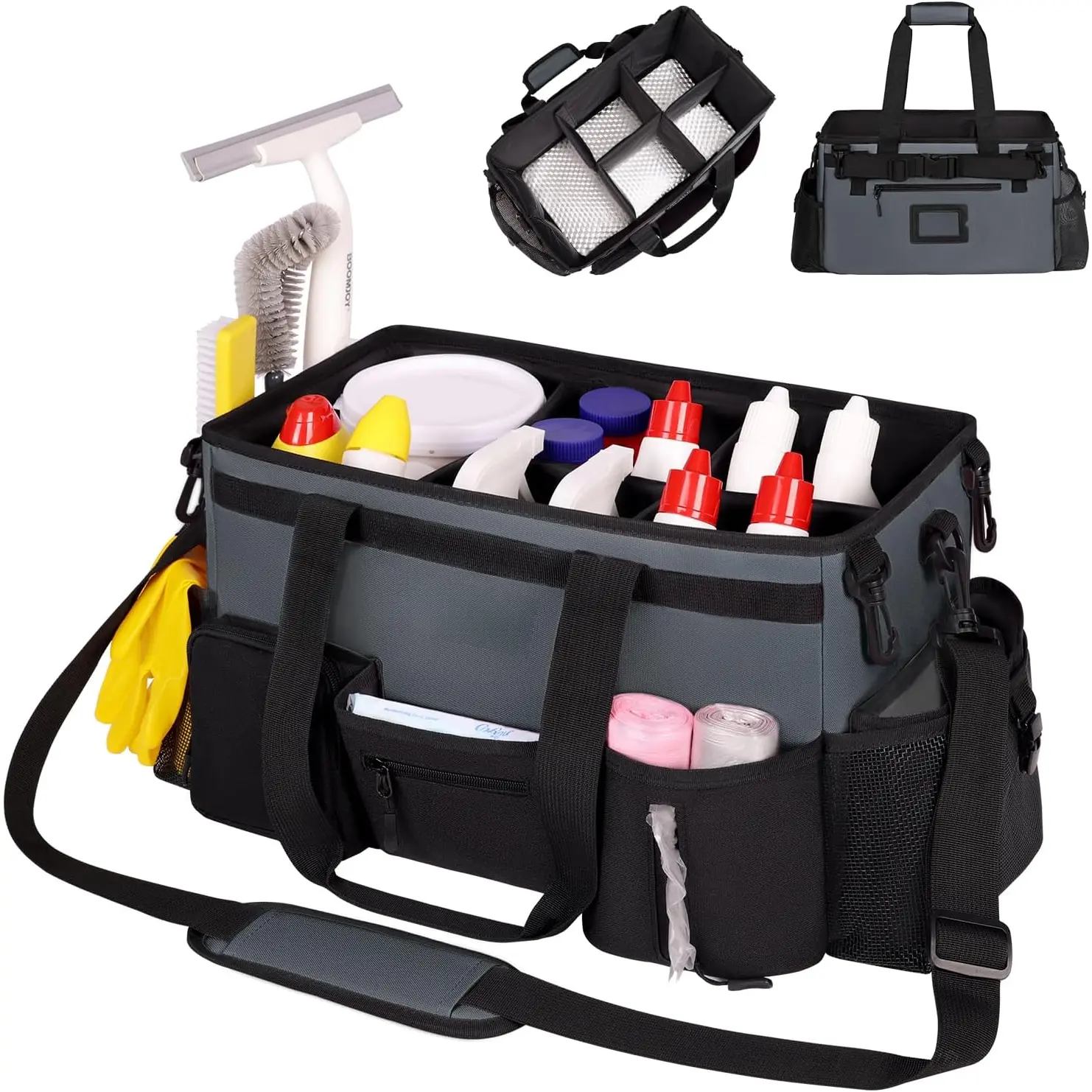 Large Wearable Cleaning  Bags,Cleaning Supplies Storage Bag with Handles and Adjustable  Strap and Removable  Straps, Cleaning Bags for Home,,Office (Gray)