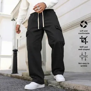 Casual Streetwear Single Set Pants for Men - Oversized Wide Leg with Elastic Waistband & Patch Pocket Design