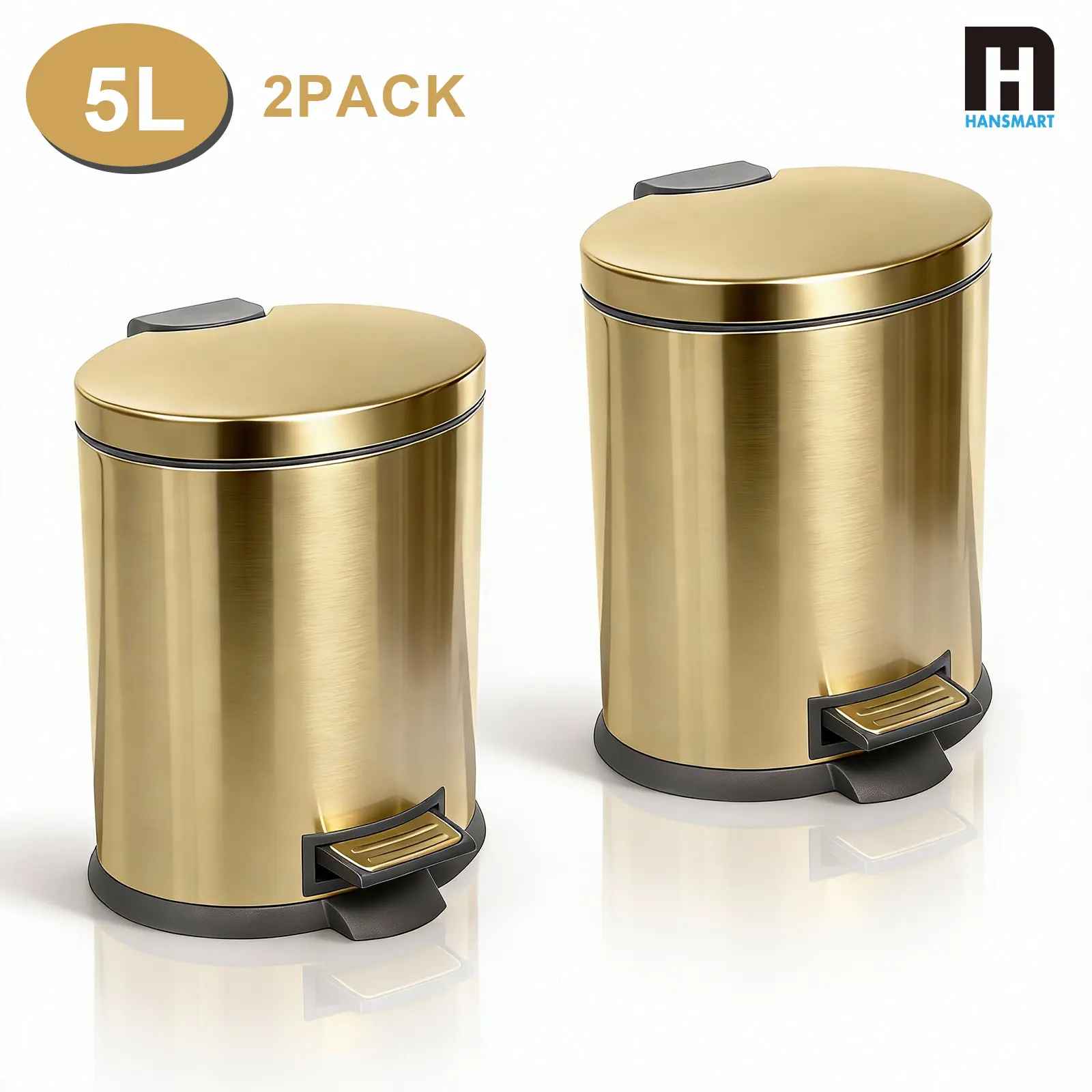Gold 2-Pack 5L Stainless Steel Pedal-Operated Lidded Waste & Recycling Bin Set, Modern Sealed Odor Control Easy Clean Bin, Home Supplies for Bathroom, Office