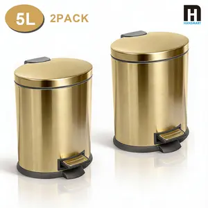 2-Pack Gold 5L Stainless Steel Trash Can, Pedal-Operated Trash Can with Lid, Sealed Odor Control, for Bedroom, Bathroom, Office, Living Room
