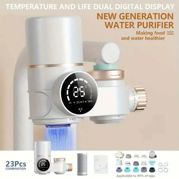 LED Display Kitchen Faucet Water Filter for Sink,Dual-Head Tap Filter with Replaceable Cartridge,Easy DIY Installation, Helps Reduce ChlorineTaste & Odor