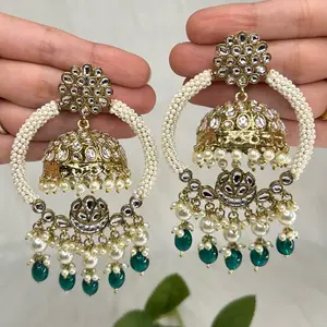 Desi Beautiful Premium Pachi Kundan 2-in-1 Gold Tone Detachable Jhumka Earrings with Pearl Accents and Elegant Design