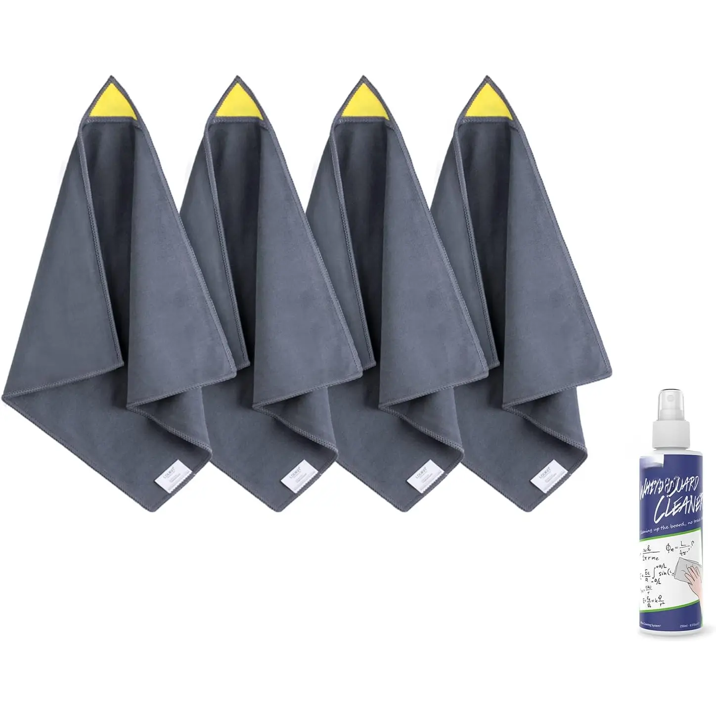 4 Pack  Whiteboard Cleaning Cloth, Dry Erase Cleaning Cloth for Classroom, Home and Office Use,  & Washable, Gray, 12" x 12", 1 Bottle of 3.4 fl oz Whiteboard Cleaner Included