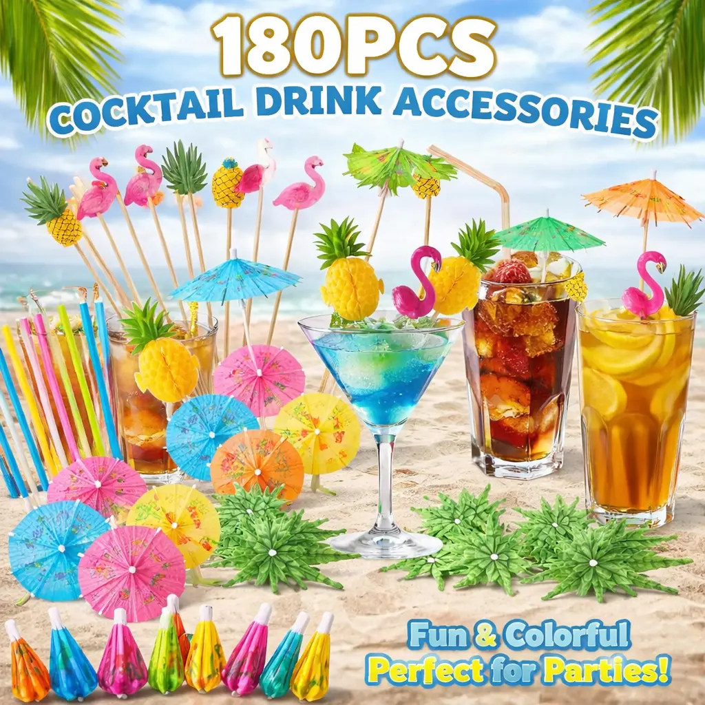180-Pack Drink Umbrellas for Cocktails – Mini Paper Parasol Picks & Straws, Tropical Luau Party Decorations – Includes Cocktail Toothpicks, Colorful Umbrella Straws & Food Picks for Aloha Hawaiian Beach, Summer, Tiki, and Birthday Parties