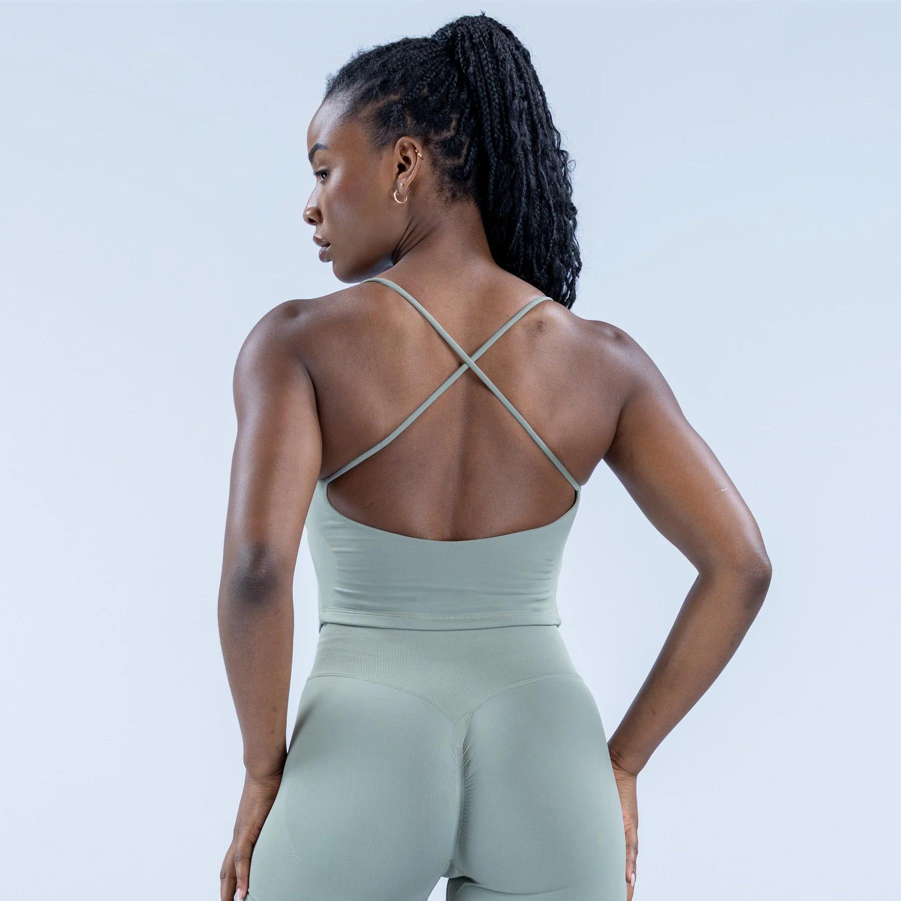 High Elastic Cross Back Racerback Yoga Top  Removable Padded Sports Bra, No Bounce Gym Tank Set For Women