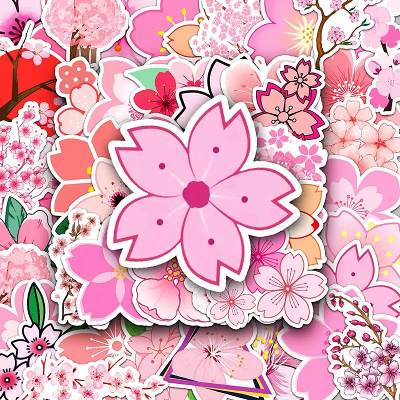 Sakura Plant Series Sticker, 50pcs/set Waterproof Self Adhesive Decor Paper, Decor Sticker for Gift Greeting Card Water Bottle Laptop Phone