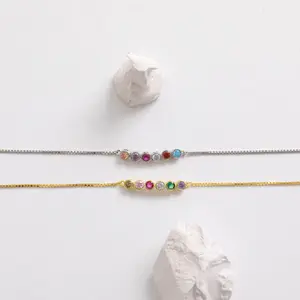Gold Minimalist Birthstone Box Chain Bracelet, Sterling Silver & Gold Plated Zirconia Jewelry, Dainty Month Stone Keepsake