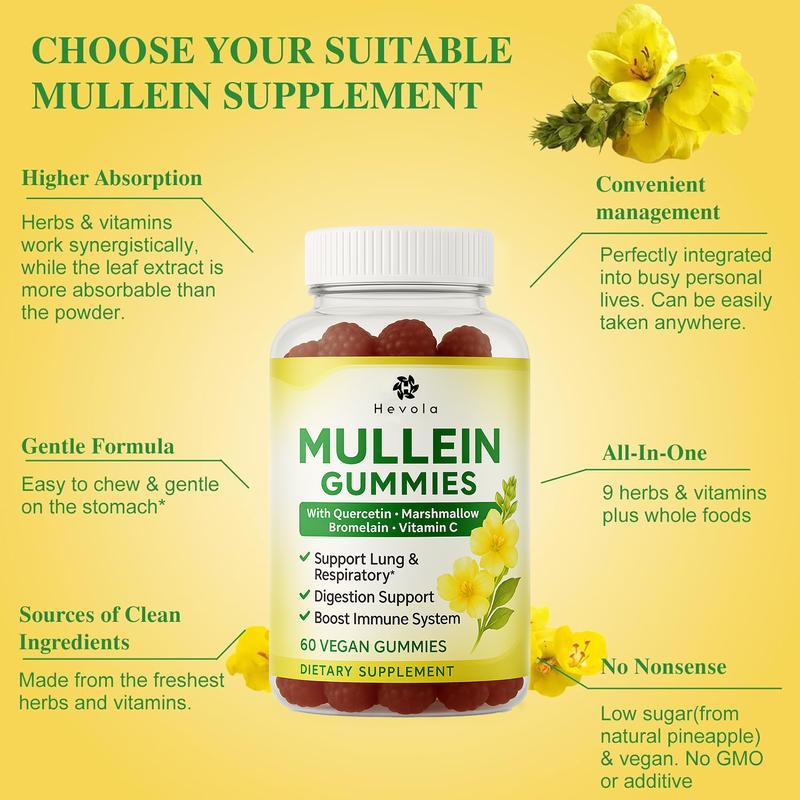 9 in 1 Mullein Gummies for Lung Cleanse & Lymphatic Drainage*, Extra Strength Mullein Leaf Extract w/Quercetin, Bromelain, Elderberry & Marshmallow for Respiratory & Immunity,Vegan