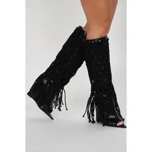 Summer Crochet Knee High Boots - Black L
