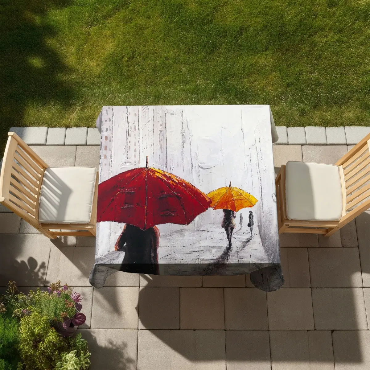 360 stand Umbrella Scene Square Cut Tablecloth - C1TC5858XFWO8H, 58x58 in, Urban Art Passersby Design, Easy-Clean Scenic Indoor-Outdoor Furniture Decor for Outdoor Tables, Indoor Outdoor Patio, Home Accessory