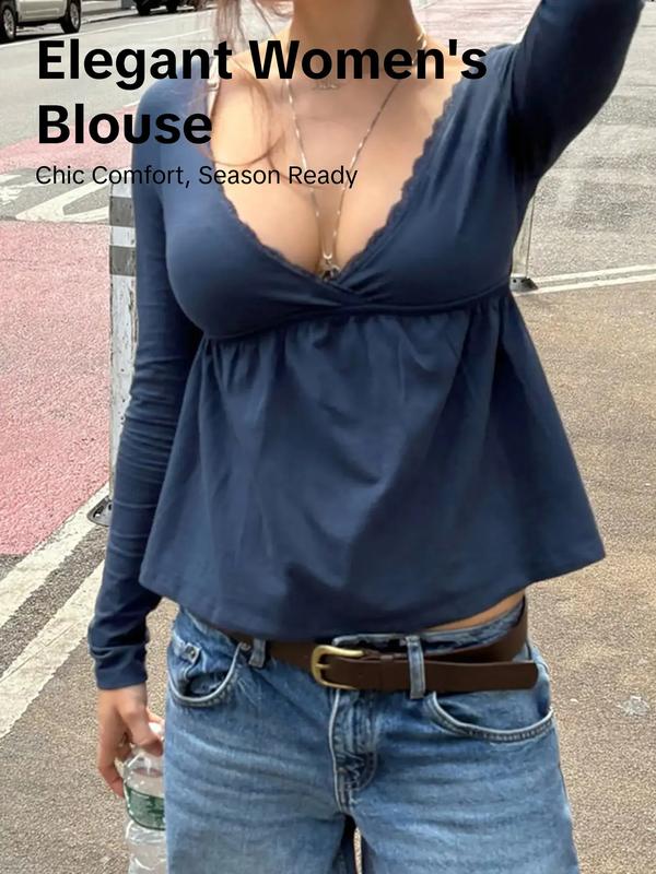 Basic Lace Cross Chest A-Line Knit Tee Blouse, Fall & Winter Fashion, Fitted Plain Design, Versatile Autumn Winter Top Basic Lace Cross Chest A-Line Knit Tee Blouse, Fall & Winter Fashion, Fitted Plain Design, Versatile Autumn Winter Top