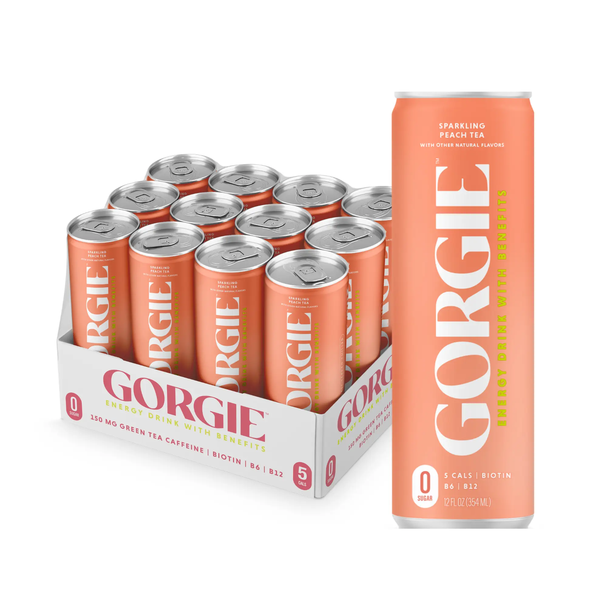 GORGIE Sugar Free Natural Energy Drinks, Sparkling Peach Tea (12 Pack) - Healthy Energy Drinks - Natural Coffee Replacement with Green Tea Caffeine an