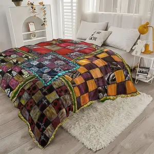 Vintage Color Block Handmade Patchwork Blanket, Multicolor Art Quilt, Boho Style Bedroom Sofa Decor, Fun Pillow Pattern