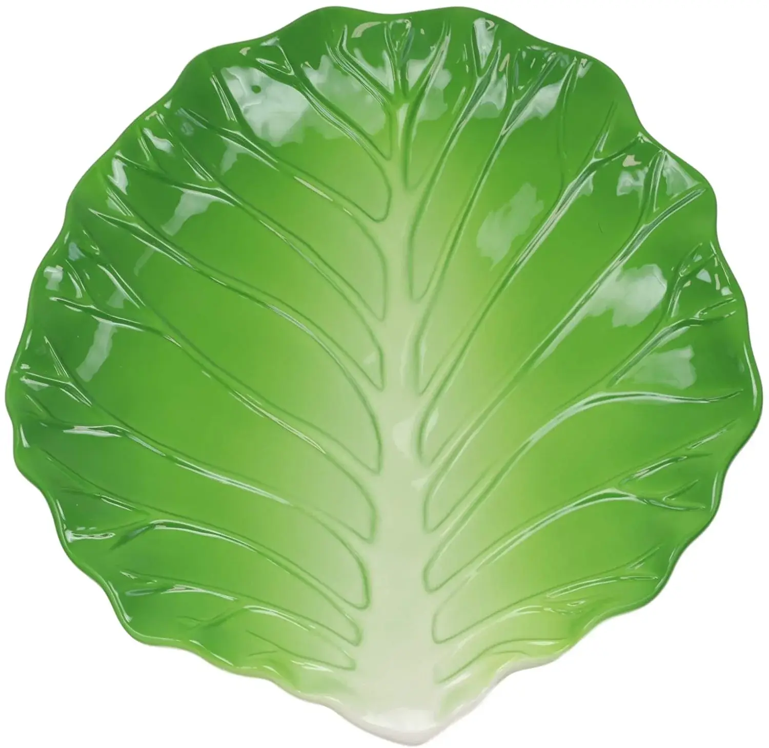 Ebros 12" Wide Porcelain-Ceramic Hearty Green Cabbage Leaf Shaped Serving Plate (1 PC), Pottery