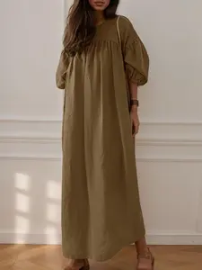 ZANZEA Women's Casual 7-Quarter Sleeve Shirt Dress - Comfortable Loose Fit, Floor-Length - Ideal for Daily Wear & Office Womenswear