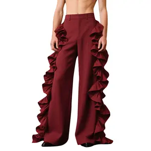 INCERUN Mens High Waist Zipper Ruffles Holiday Party Casual Loose Bottoms Wide Leg Trousers Long Pants
