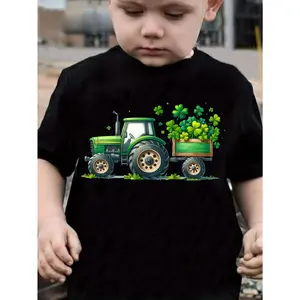 St. Patrick'S Day Green Hat Festival Boys' Casual Round Neck T-Shirt with Tractor And Green Leaf Print