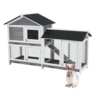 Two Floors 63" Wooden Outdoor Indoor Roof Waterproof Bunny Hutch Rabbit Cage Guinea Pig Coop PET House for Small to Medium Animals with Stairs and Cleaning Tray