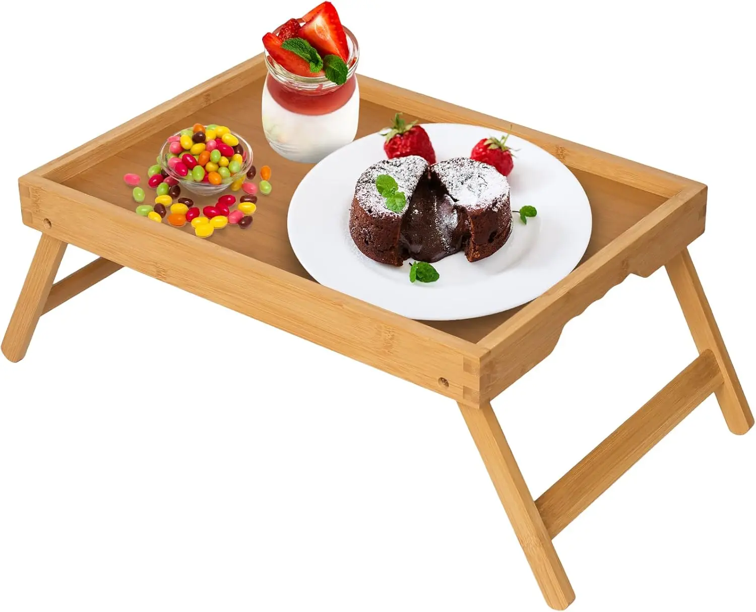 Rectangle Bamboo Bed Tray Table with Folding Legs - No Installation Required 1-Layer Bamboo Organiser for Couples, Surfing, Breakfast, 20.5 x 9.3 x 6.9 in, 2.03 lbs Laptop Stand