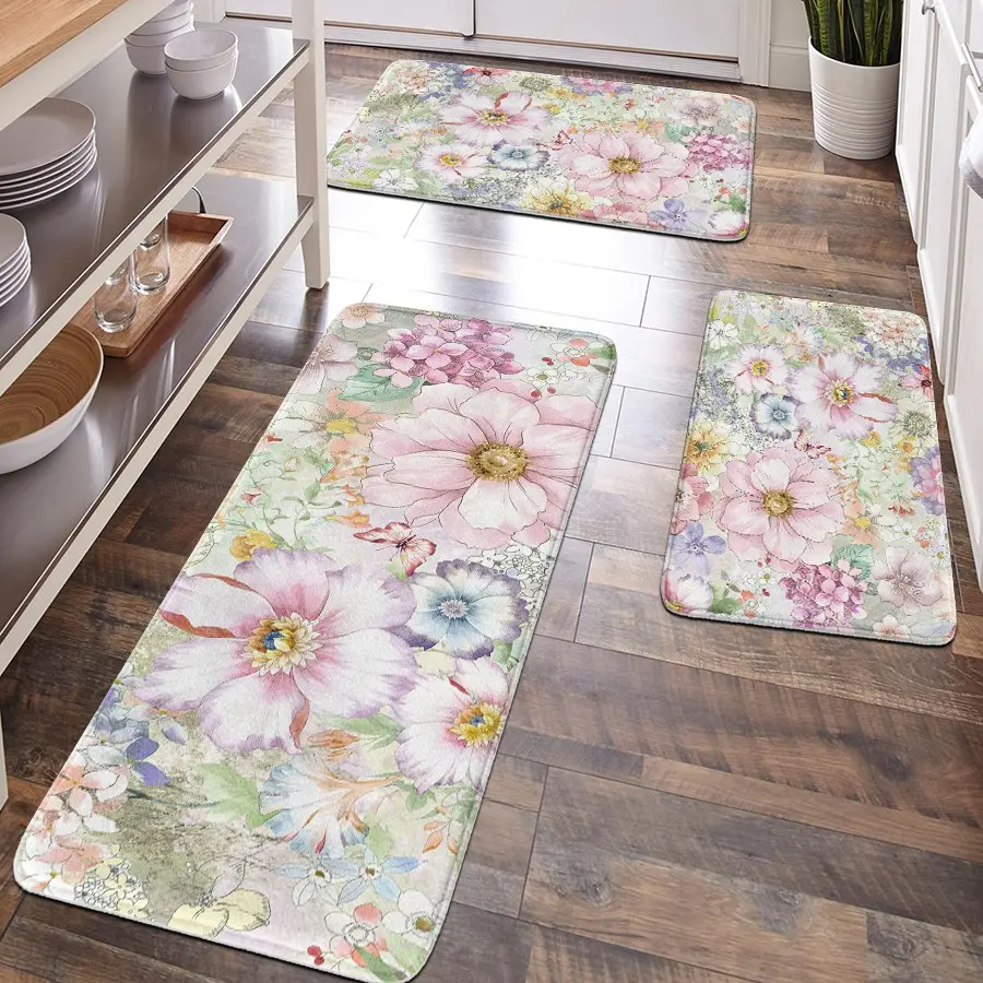 1pc, home decoration, bathroom decoration, bathroom floor mat, bathroom anti-skid mat, Bathroom Mats, kitchen decoration, kitchen floor mat, colorful floral pattern floor mat, Bohemian style floor mat, Boho floral rug, soft and comfortable surface