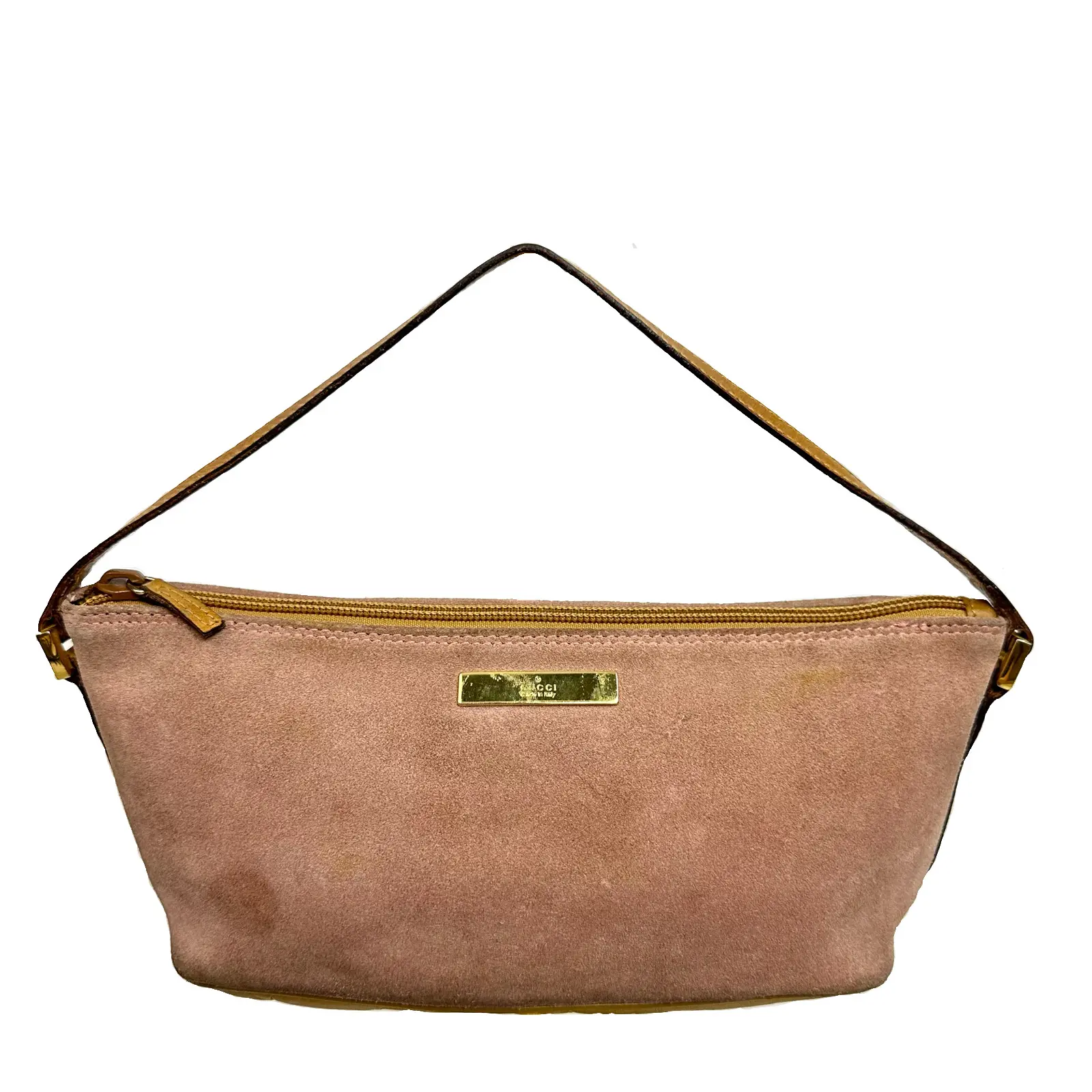 Pre-owned GUCCI Suede Mini Bags Pink and Leather Boat Pochette Handbag with Gold Hardware and Zip Closure